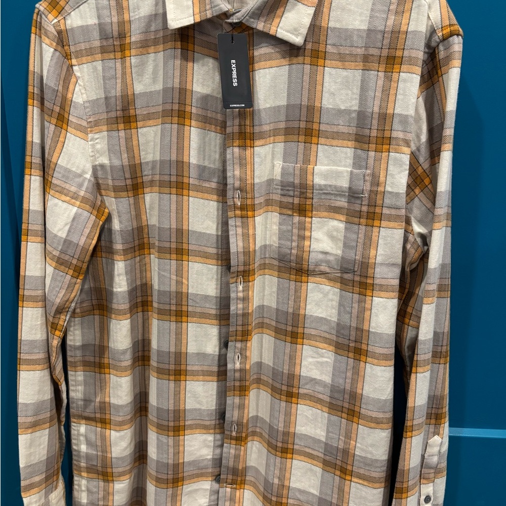 Express Men's Casual Plaid Shirt in Gray, Brown and Gold